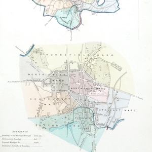 Carte ancienne MACCLESFIELD, plan original des rues de la ville coloré à la main, Dawson 1832