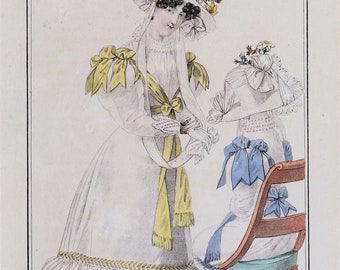 Antique Print PERIOD COSTUME, Ladies Opera Dress, Paris Fashion plate 400  1826