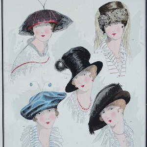 1925年 フランス アールデコ様式 手彩色ポショワール版画 女性用帽子