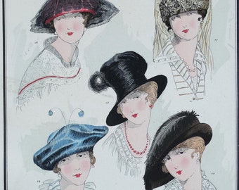 1925年 フランス アールデコ 手彩色 ポショワール版画 女性用帽子