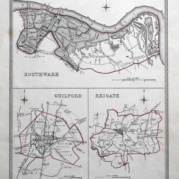 Antique Map SOUTHWARK, London, GUILDFORD, REIGATE, Surrey Town Plans, Lewis  map 1835