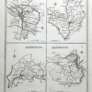 May include: Antique map print featuring four detailed town maps: Barnstaple, Tiverton, Ashburton, and Dartmouth. Each map includes roads, rivers, and place names, with a scale of miles. The print has a decorative border and text at the top and bottom.