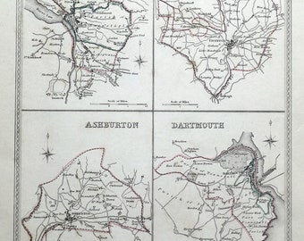 Antique Map BARNSTAPLE,TIVERTON,ASHBURTON,Dartmouth, Devon Town Plans,Lewis  1835