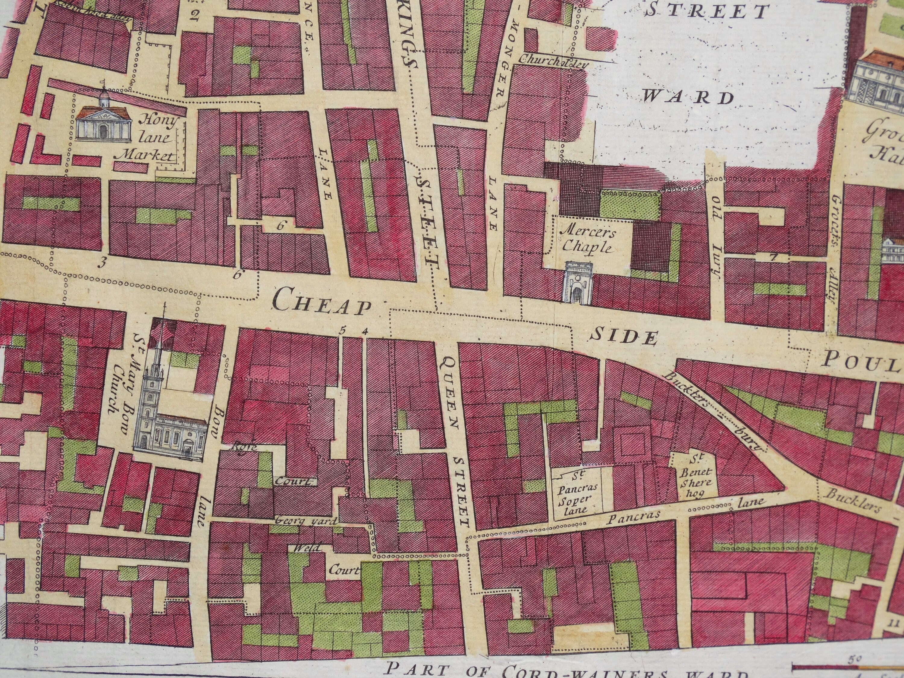 Antique Map CHEAPE WARD, Stow's London Street Plan, Cheapside, Poultry ...