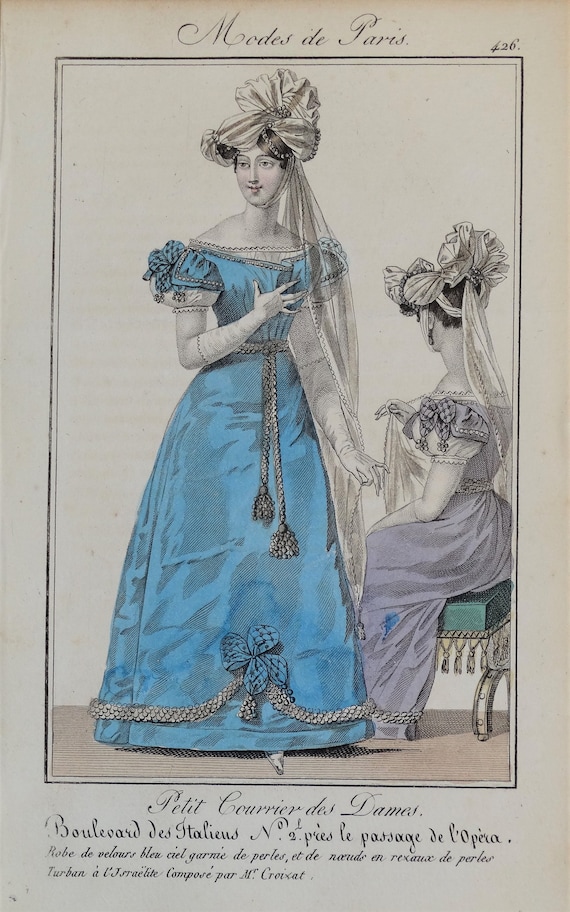 Antieke print PERIODE KOSTUUM, Dames Opera Jurk, Paris Fashion