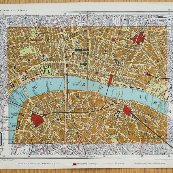 Antique Map SOUTHWARK,BERMONDSEY,SPITALFIELDS, The City, London street plan  c1925