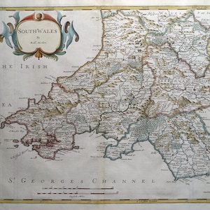 Carte antique GALLES DU SUD, Robert Morden, carte originale colorée à la main 1722