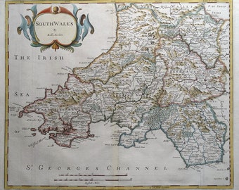 Antique Map SOUTH WALES, Robert Morden, original  hand coloured map 1722