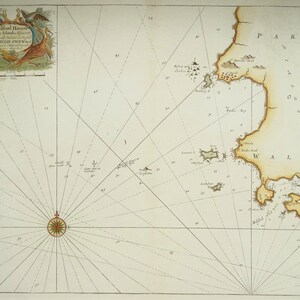 Antike Seekarte MILFORD HAVEN, St.Davids, Skomer, Ramsey Is. G.Collins 1756 alte nautische Meereskarte
