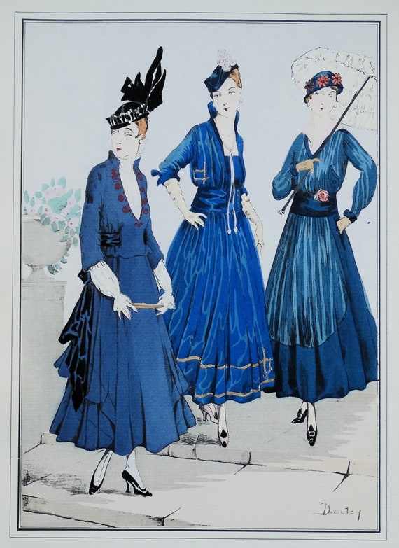 ANTIQUE FASHION PRINT Ladies Blue Dresses Large Art Nouveau Old Vintage Pochoir 1915 Etsy Finland