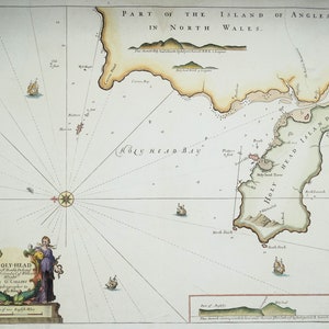 Antike Seekarte HOLYHEAD, ANGLESEY, WALES Greenville Collins Original 1757 alte Seekarte