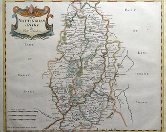 Antique Map NOTTINGHAMSHIRE, Robert Morden, original  hand coloured map 1722