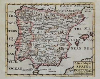 Antique Map SPAIN & PORTUGAL, John Senex original vintage engraving 1749