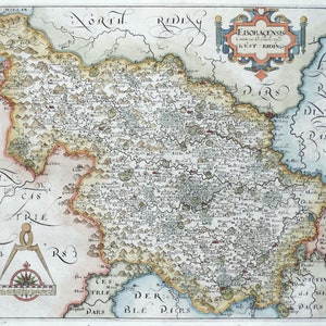 May include: An antique map of the West Riding of Yorkshire, England. The map is printed in black and white with hand-colored details. The map shows the names of towns and villages, rivers, and other geographical features. The map is surrounded by a decorative border.