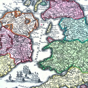 Carte ancienne GRANDE-BRETAGNE Îles britanniques Gravure colorée à la main Lotter/Setter 1744