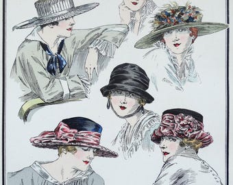 May include: A collection of five vintage illustrations of women wearing different styles of hats. The hats are made of straw, felt, and fabric. Some of the hats have ribbons, flowers, or other embellishments. The women are wearing various outfits, including dresses, blouses, and skirts.
