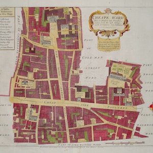 May include: A vintage map of London, England, showing the layout of the city's streets and wards. The map is in a red, green, and black color scheme and includes text labels for each ward, street, and landmark. The map is titled "Cheape Ward" and includes a scale bar.
