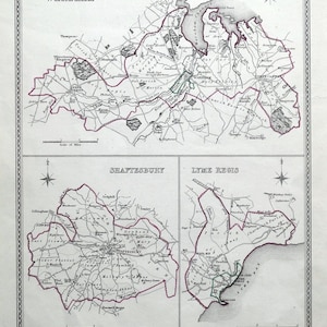 Antike Karte WAREHAM, SHAFTESBURY, Lyme Regis, Dorset Town Plans, S.Lewis 1835