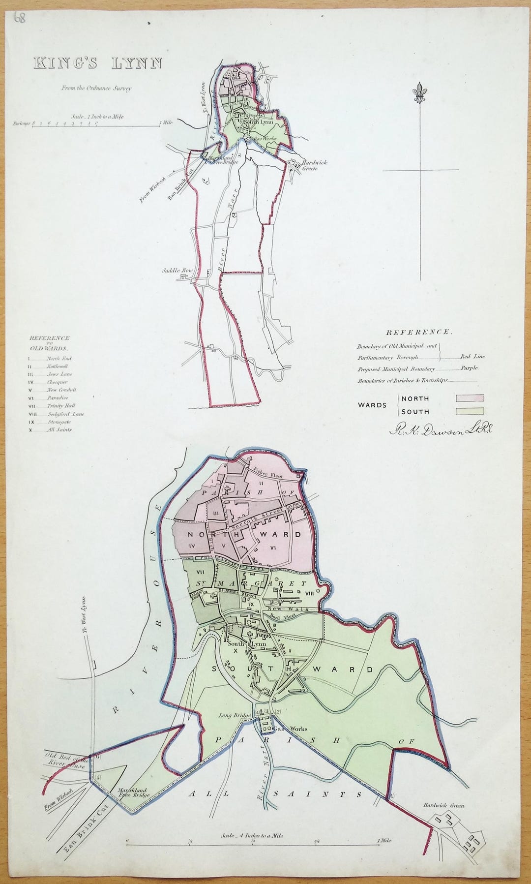 Antique Map KING'S LYNN NORFOLK Original Hand Coloured Town Street Plan ...