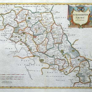 Carte antique NORTHAMPTONSHIRE, Robert Morden, carte originale colorée à la main 1722