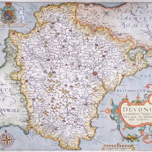 Mapa antiguo de Devon, Saxton & Kip, Camden. Grabado original de 1637.