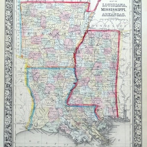 Antike Landkarte USA LOUISIANA, MISSISSIPPI, AKANAS, Mitchell Original 1860