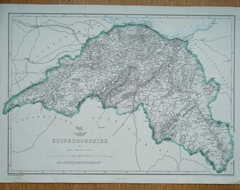 May include: Antique map of Edinburghshire, Scotland, featuring detailed cartography with roads, towns, and geographical features. The map is printed in black and white with a green border, and the title "EDINBURGHSHIRE" is prominently displayed.