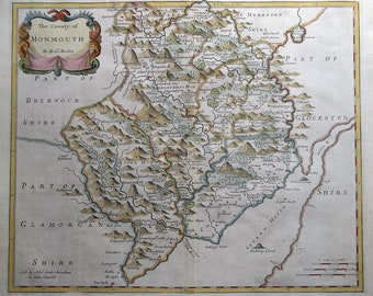 Antique Map MONMOUTHSHIRE, WALES, Robert Morden, original  hand coloured map 1722