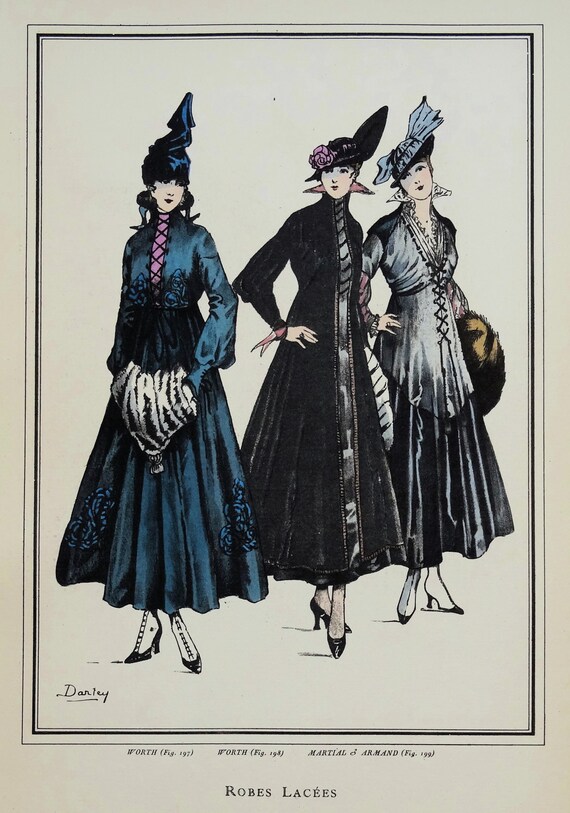 ANTIQUE FASHION PRINT Laced Dresses Large Art Nouveau Old Vintage Pochoir  Print 1915 - Etsy Denmark