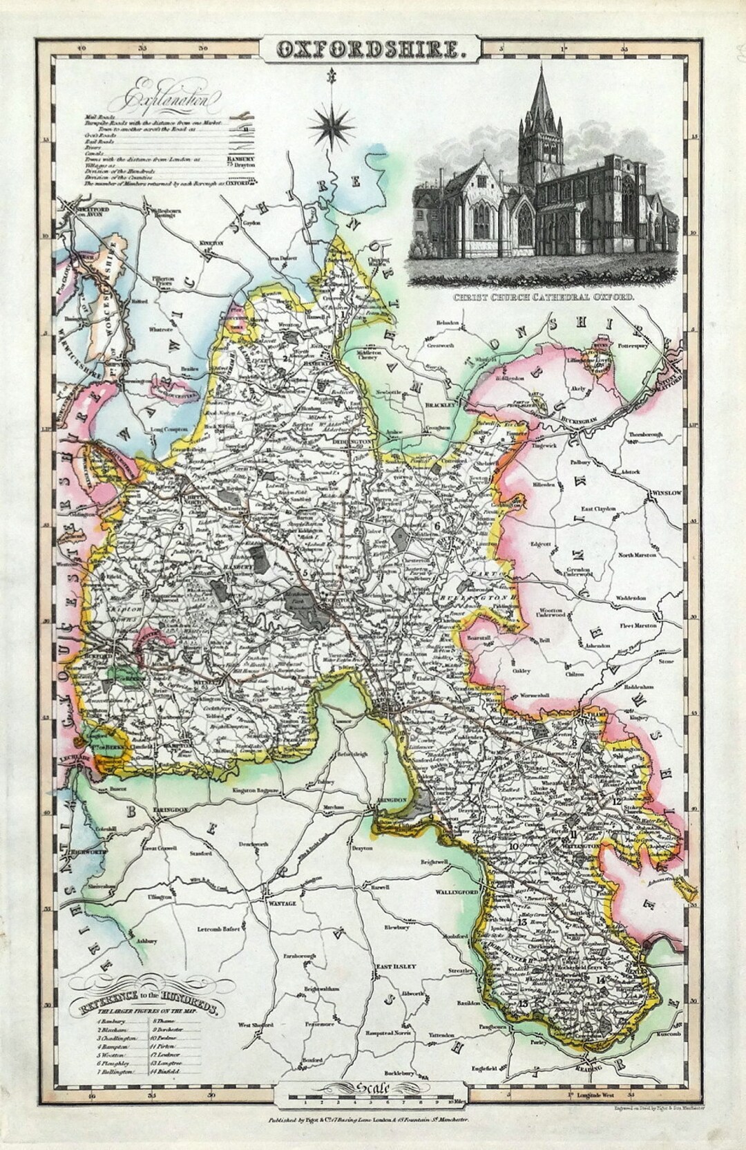 Original Antique Map OXFORDSHIRE, OXFORD James Pigot Hand Coloured