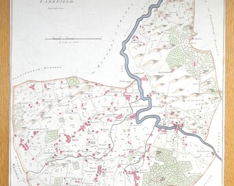 May include: An antique map of the Liberty, formerly called the Hundred of Rochester and of the Hundred of Larkfield. The map is drawn in black and white with red and green accents. The map shows the names of various towns and villages, including Wrotham, Littlefield, and East Malling.