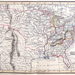 May include: An antique-style map of the United States featuring hand-coloured borders for individual states and territories. The map displays geographical features like rivers and mountain ranges, with the text UNITED STATES in the lower right corner.