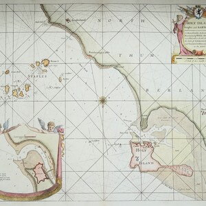 Carta marítima antigua HOLY ISLAND, Lindisfarne, Islas Farne, Berwick, Northumberland, Collins 1757 antiguo mapa marino náutico