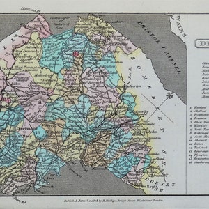 May include: A vintage map of Devonshire, England, with a detailed outline of the county's hundreds. The map is printed in shades of blue, green, yellow, and pink, with black lines indicating roads and rivers. The map includes the names of towns and villages, as well as the names of the hundreds. The map is titled "Devonshire" and is dated "August 1st 1829."