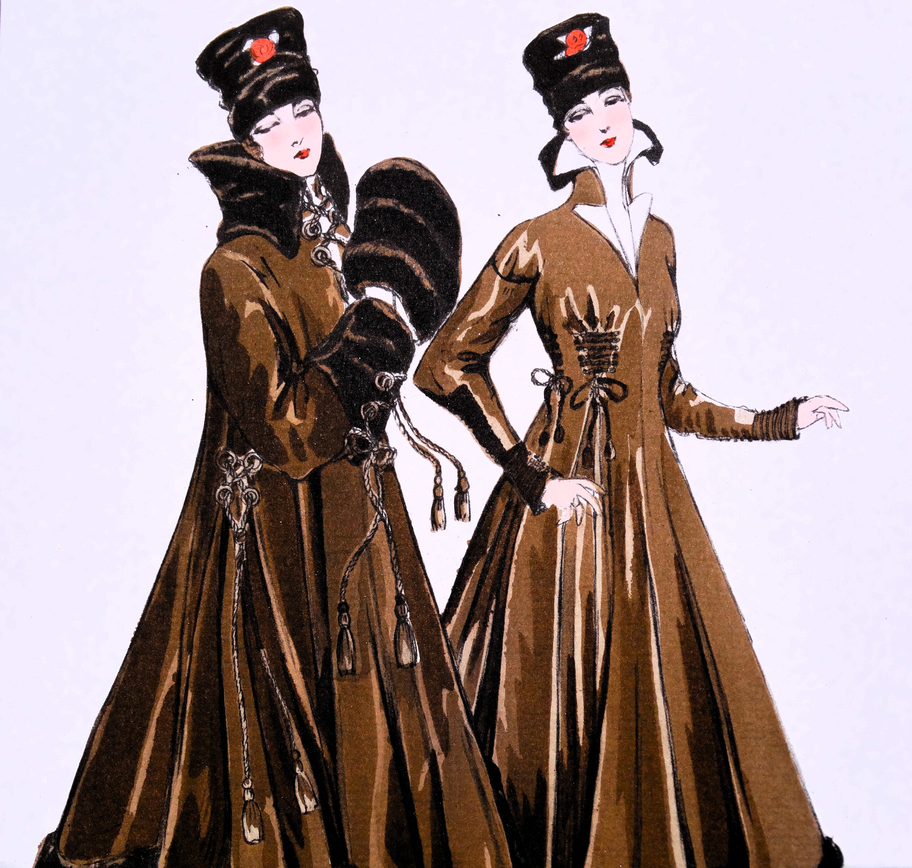 ANTIQUE FASHION PRINT Fur Trim Dress Coat Art Nouveau Large Old