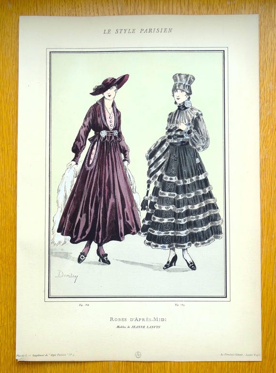 ANTIQUE FASHION PRINT Dresses by Lanvin Large Vintage Art Nouveau