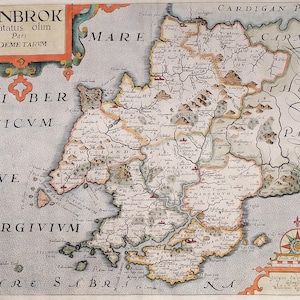 May include: Antique map of Pembrokeshire, Wales, with detailed geographical features. The map, in shades of beige, brown, and blue, features text in Latin and a decorative compass rose. The title "PENBROK" is visible at the top.