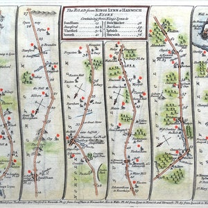 May include: An antique map of the road from Kings Lynn to Harwich in Essex, England. The map is divided into sections, each showing a different part of the road. The map is hand-drawn and coloured, with red dots marking towns and villages along the route. The map includes distances between locations.