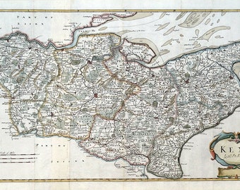 Antique Map KENT, Robert Morden, original  hand coloured map 1722