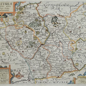 Carte antique LEICESTERSHIRE, SAXTON & KIP carte originale colorée à la main 1637