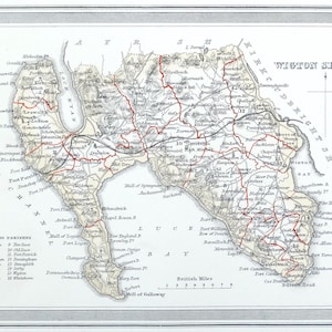Ancienne carte WIGTOWNSHIRE ECOSSE Fullarton lithographie couleur originale à la main 1868