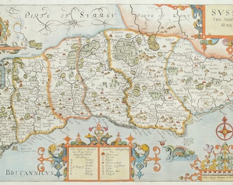 Antique Map SUSSEX, NORDEN & KIP, Camden original hand col. map 1637