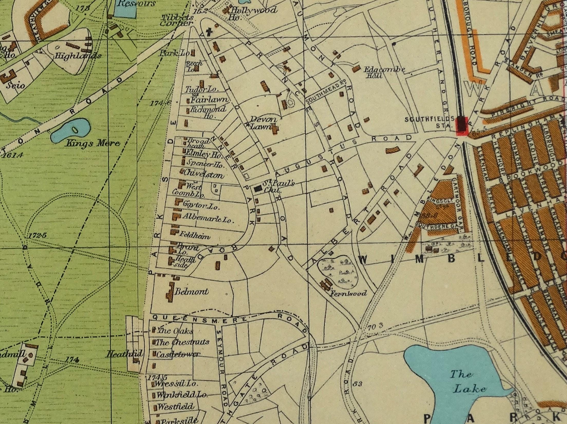 Antique Map London WIMBLEDON, ROEHAMPTON, Putney Heath Vintage Street ...