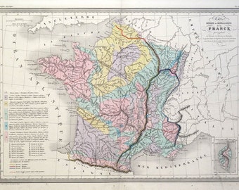 May include: A vintage map of France, showing the different regions and provinces. The map is printed in black and white with colored lines and areas. The map is titled "Carte Physique et Mineralogique de la France".