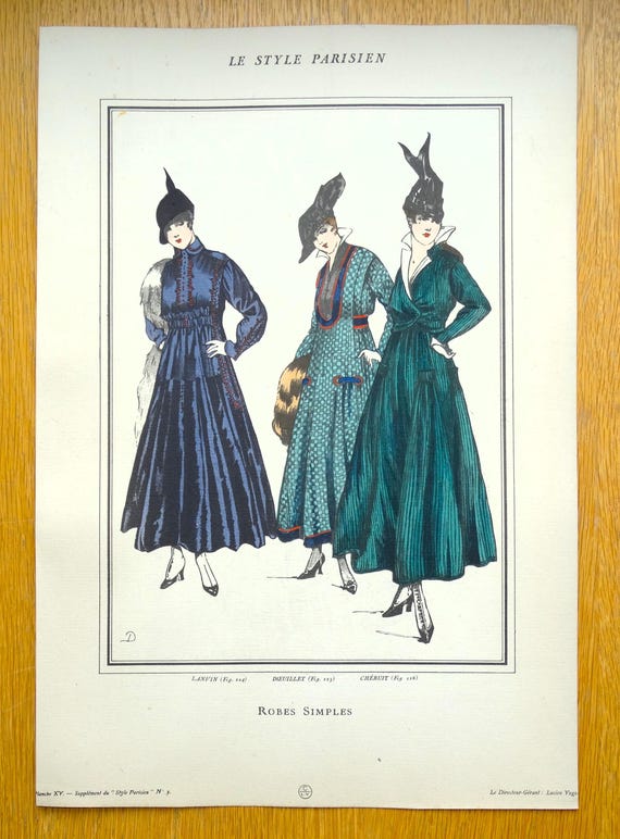 old fashion style dresses ANTIQUE FASHION PRINT Simple Dresses Vintage Art Nouveau Original Pochoir  1915