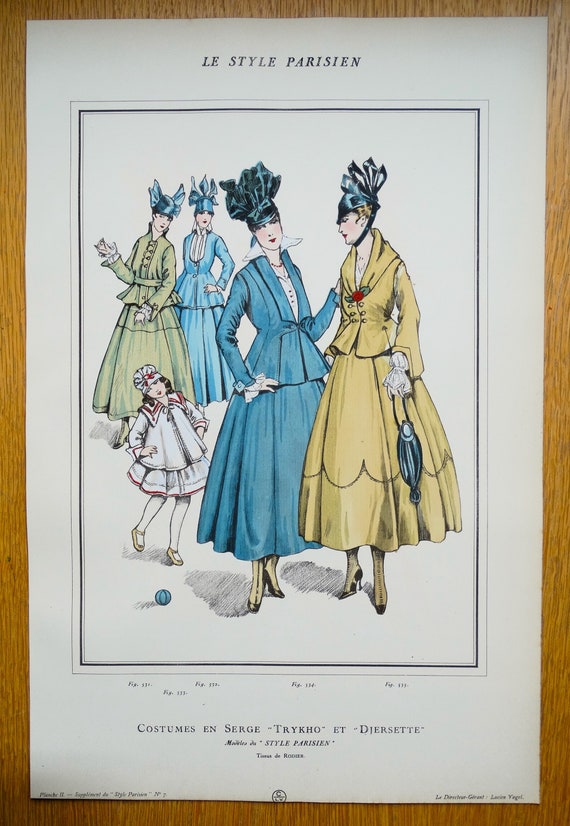 Original ANTIQUE FASHION PRINT Serge Suits Art Nouveau Large Old