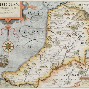 Original Antique Map CARDIGANSHIRE, WALES, C.Saxton, W.Kip, W.Camden  map 1637
