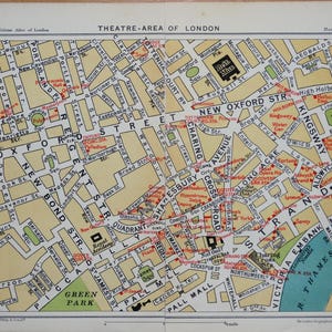 Antike London Street Plan HISTORISCHE West End Theater Vintage Karte c1925