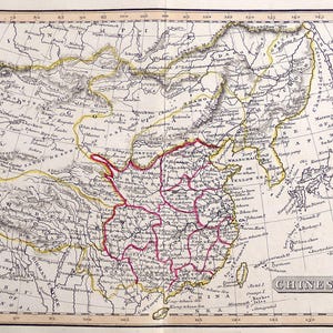 May include: An antique-style paper map titled CHINESE EMPIRE, featuring black ink lines on a cream background. The map displays geographical borders, mountain ranges, and bodies of water, with specific regions highlighted in yellow and pink outlines.