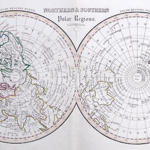 Original 1830 Antique Map POLAR REGIONS North & South Poles Genuine Old R.Fenner Map